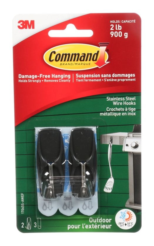 Adhesive Outdoor Wire Hooks with Adhesive Strips, Stainless Steel, 2-lbs, 2 Strips per Pack