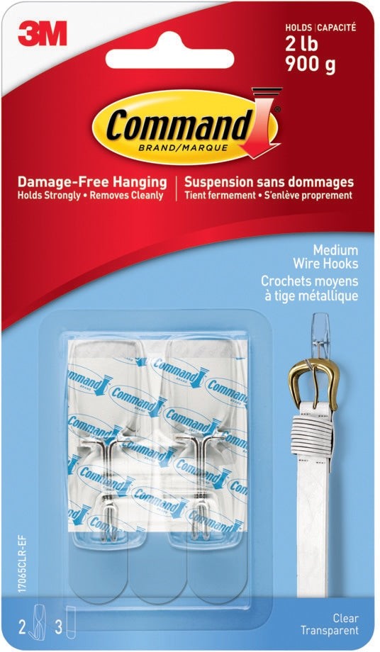 Medium Wire Toggle Hooks with Adhesive Strips, Clear, 2-lbs, 2 Strips per Pack