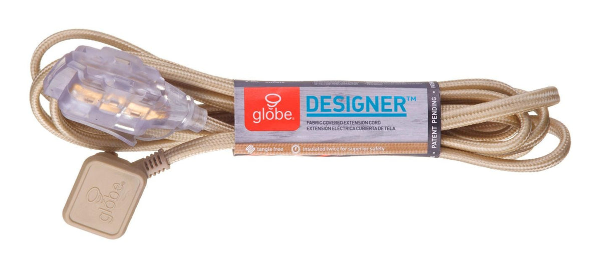 9-ft 16/2 Fabric Extension Cord, Right Angle Plug, 3 Outlets, Gold