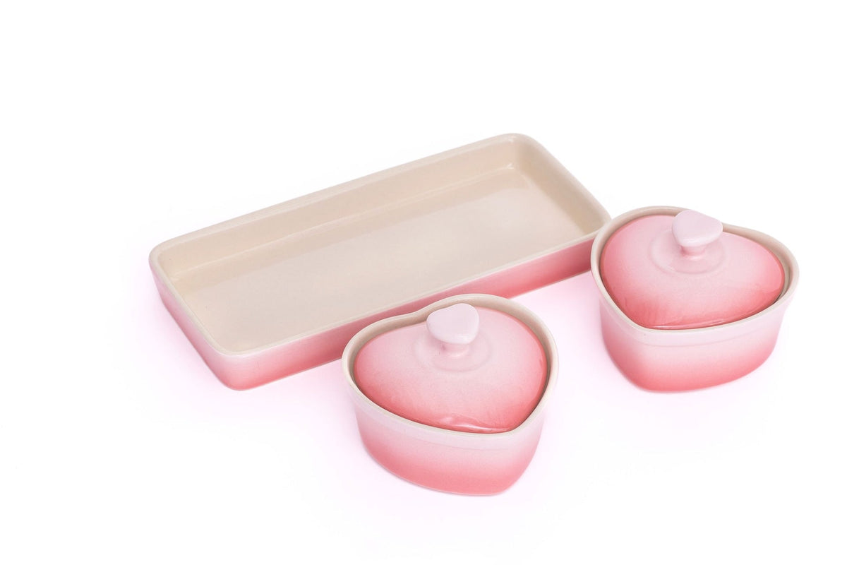 Stoneware Heart Cocottes and Tray, Gradient Rose, 5-pc