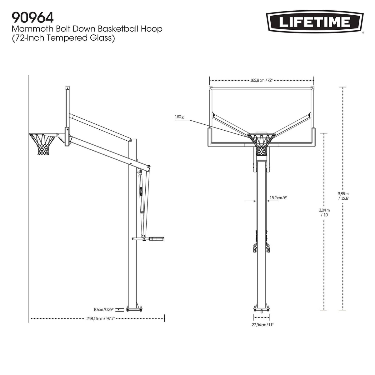 Mommoth Bolt Down Basketball Hoop with 72-in Tempered Glass