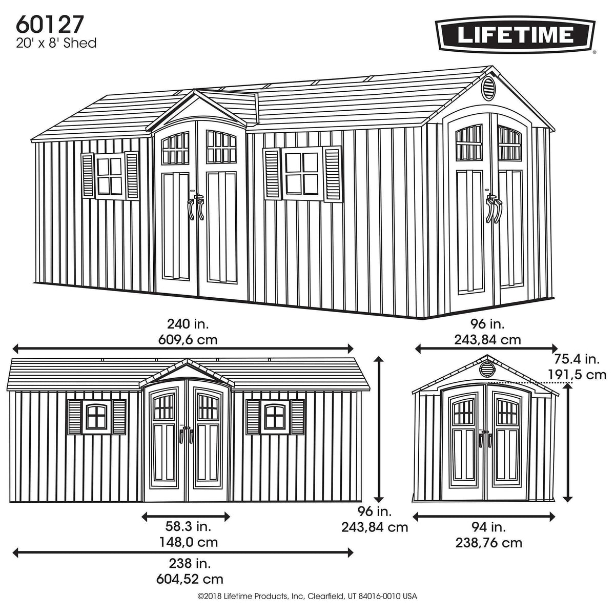 Outdoor Storage Shed with Dual Side Entry, 20 x 8-ft