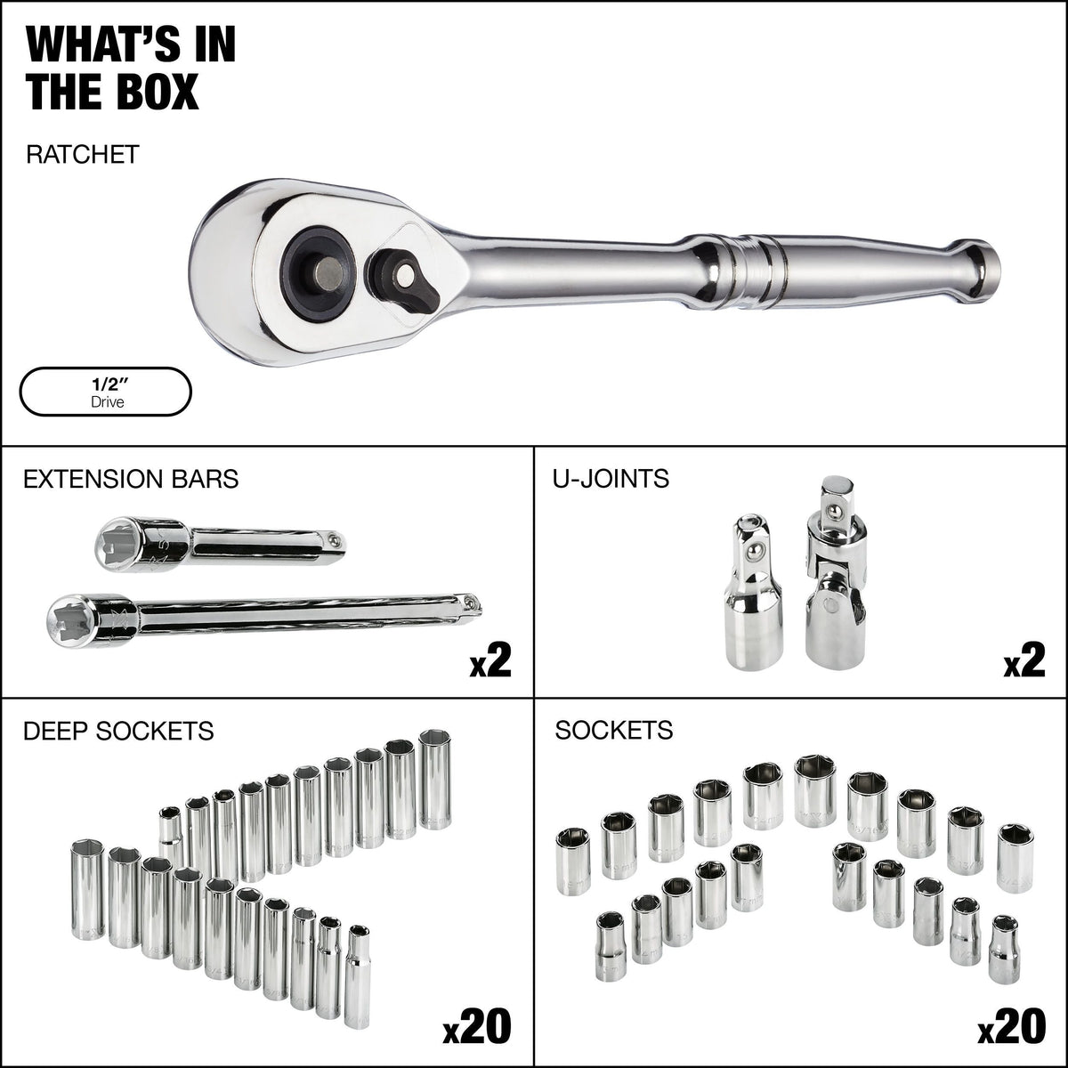 1/2-in Drive Professional Grade Socket Set, 45-pc, SAE/Metric, CRV, Nickel-Chrome Plating