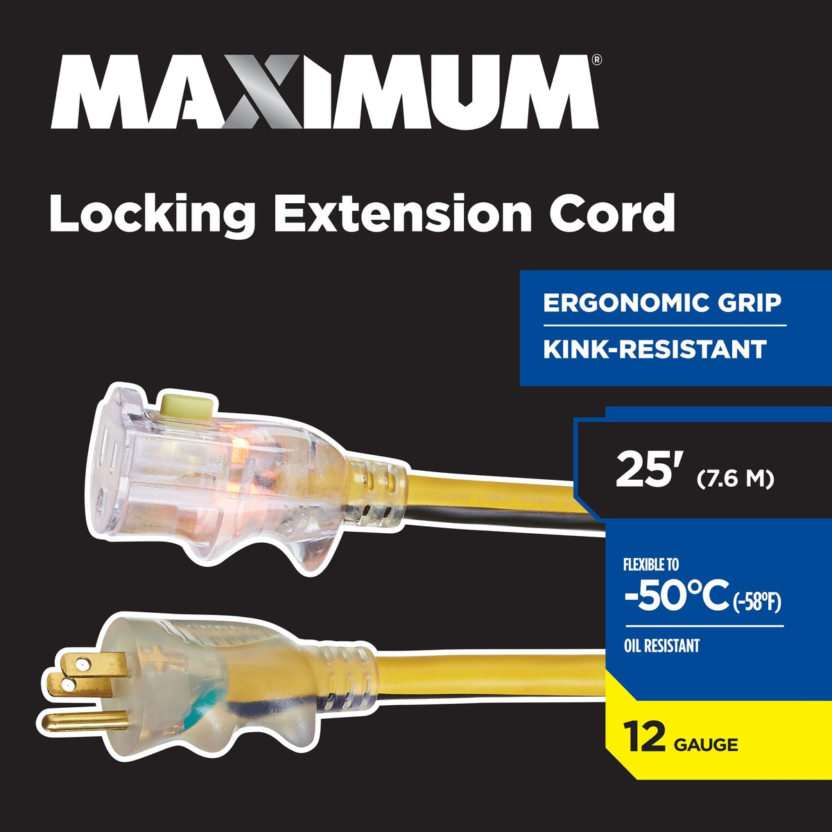 25-ft 12/3 Outdoor Extension Cord with Grounded Outlet, Lighted End and Locking Connector, Yellow/Black