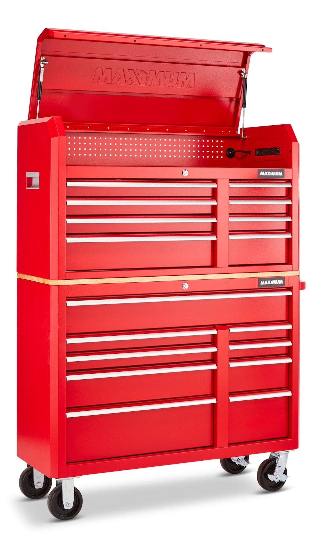 Tool Storage Cabinet, Built-In Power Bar with USB, 9-Drawer, 47-in, Red