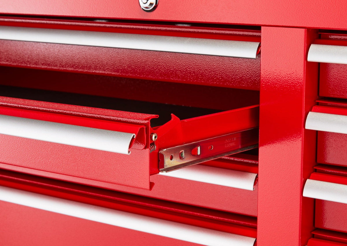 Tool Storage Cabinet, Built-In Power Bar with USB, 9-Drawer, 47-in, Red