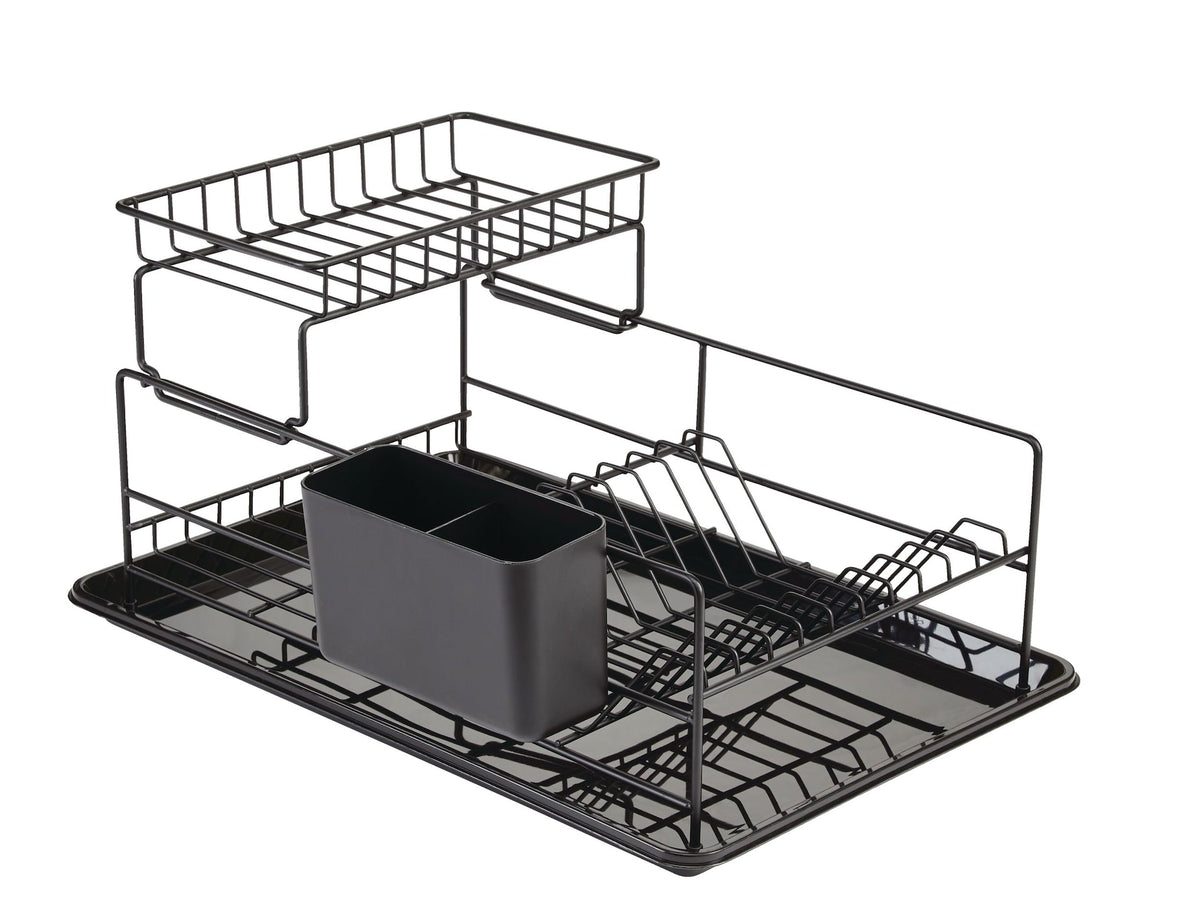 Perspective Steel 2-Tier Dish Drying/Draining Rack with Cutlery Holder, 18.2 x 12.3-in, Black