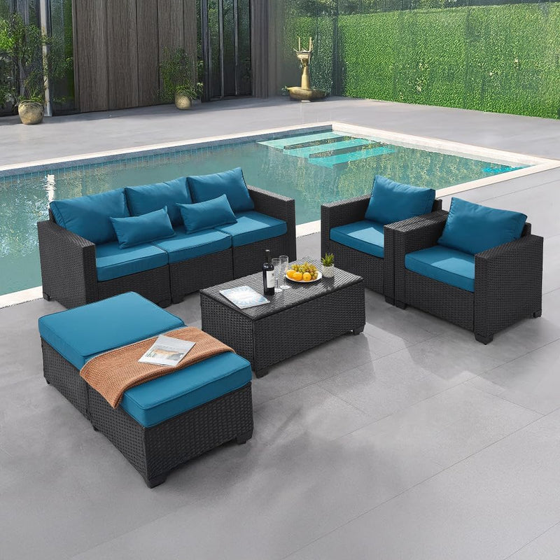 6 Pieces Outdoor Patio Furniture Sets with Furniture Cover, PE Rattan Wicker Patio Conversation Set with Tea Table (Peacock Blue, Rattan Storage Table) I4296