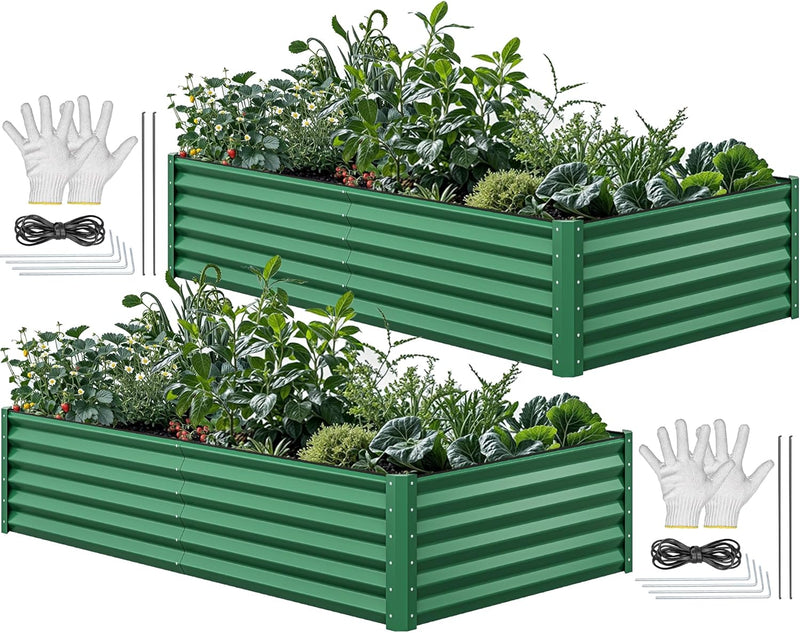 8x4x2ft 2pcs Large Raised Garden Bed Kit, Galvanized Metal Planter Box with Gloves, Ground Nails & Safety Rubber, Outdoor Above Ground Planters for Plants Vegetables Flowers, Green S3157