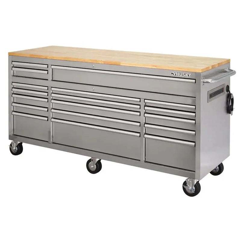 72 in. 18-Drawer 24 in. D Mobile Workbench with Solid Wood Top Stainless Steel L8645