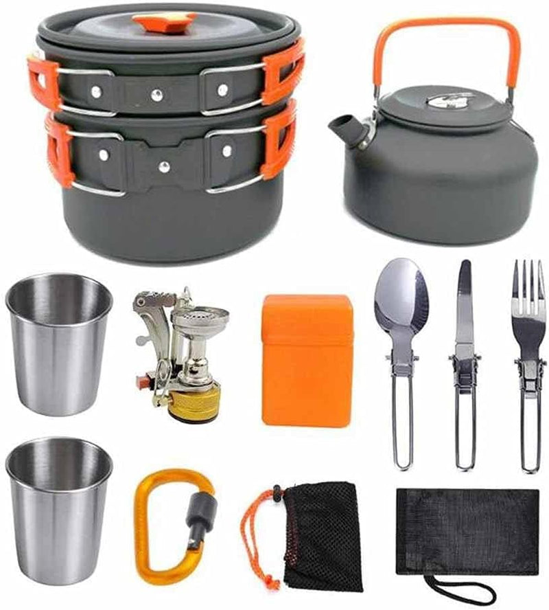 Camping cooking set - picnic cooking pot set - outdoor hiking and barbecue tableware set - camping travel supplies set including frying pan, water jug and stove T2244
