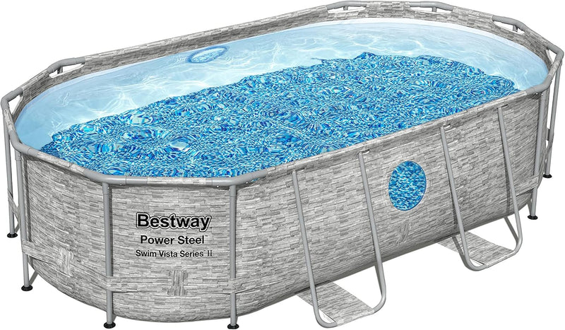 The robust steel swimming pool " Series II" - a 14 feet x 8 feet 2 inches x 39.5 inches outdoor above-ground pool package, equipped with a 530 liter/minute filtration pump, ladder and pool cover. O7327