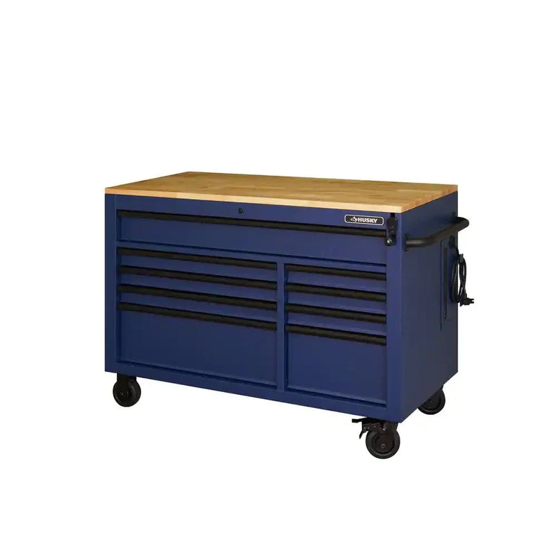 Heavy-Duty 52 in. 9-Drawer Mobile Workbench with Adjustable-Height Solid Wood Top in Matte Blue E1327