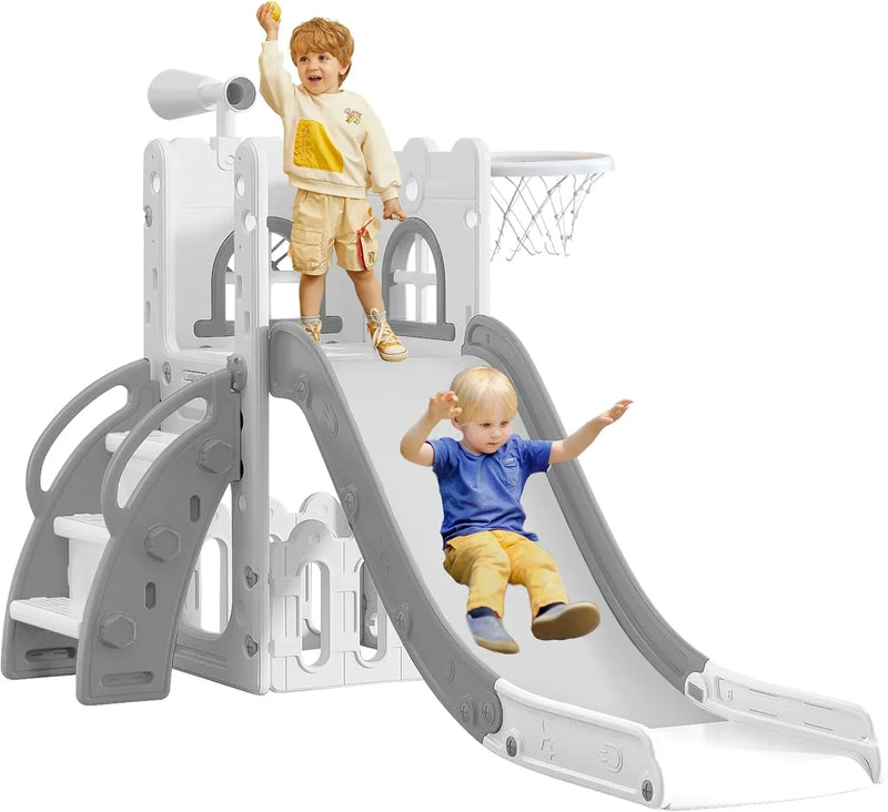 6 in 1 Toddler Slide for Toddler Age 1-3,Kids Climber Slider for Indoor Outdoor Playground with Basketball Hoop,Storage and Telescope,L Shaped Slide for Toddler Climber Playset L2357