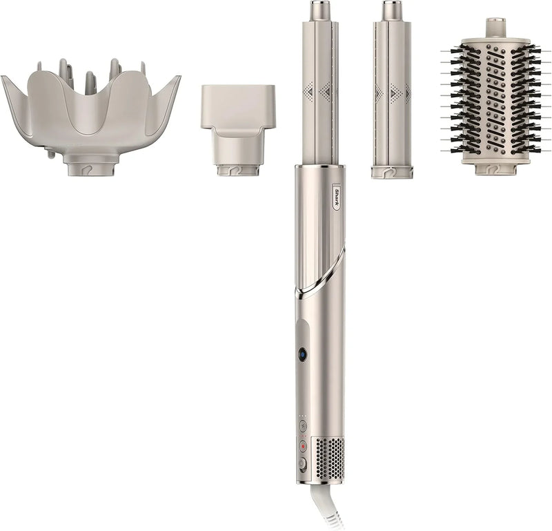 Powerful hair dryer and multi-functional styling tool, featuring automatic hair curler, paddle brush, oval brush, concentrator accessory and stones. H7191
