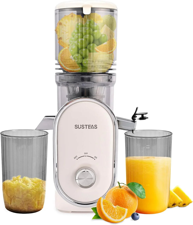 Cold press juicer, 5.3-inch feed opening, slow-speed mixing type machine, power 300 watts, capable of extracting whole fruits and vegetables, easy to clean, high juice output, white appearance V4666