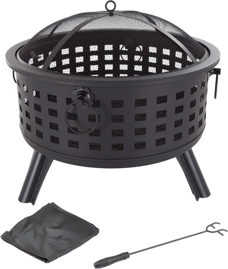 Outdoor Fire Pit - 26-Inch Round Lattice Wood Burning Firepit with Screen, Poker, Grate and Cover - Wood Fire Pits & Outdoor Fireplaces by Pure Garden U5002