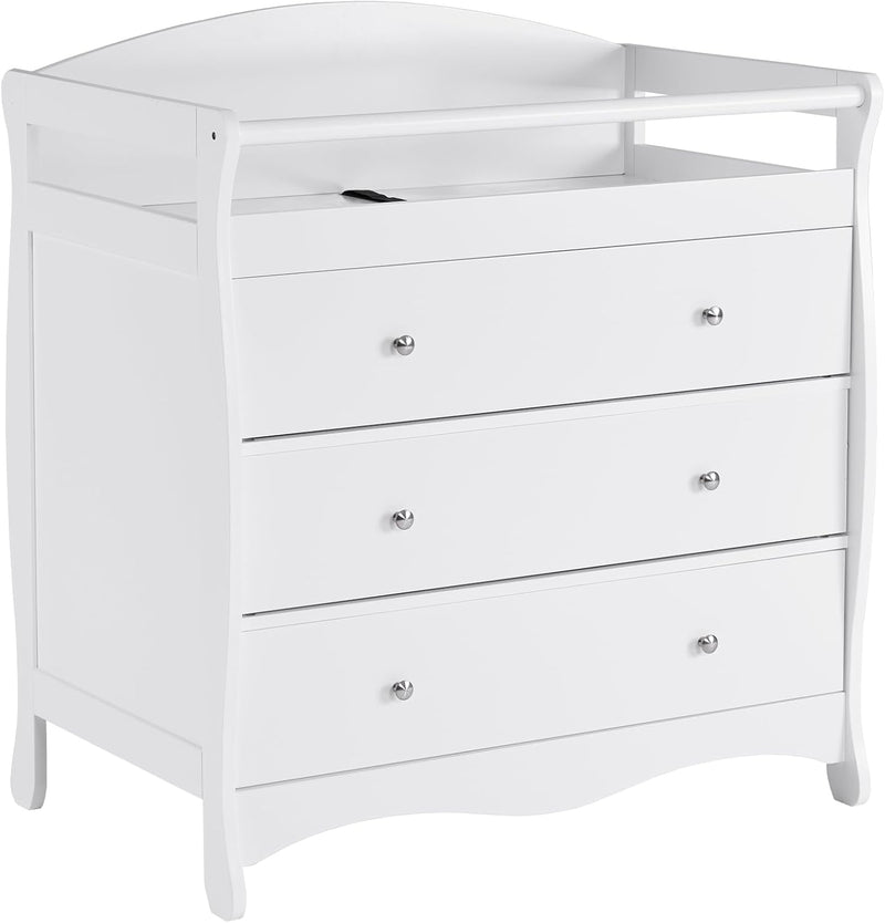 Changing Table Dresser Baby Diaper Changing Station Infant Nursing Table with 3 Drawers, Safety Rail & Strap for Bedroom, Nursery, White Q7616
