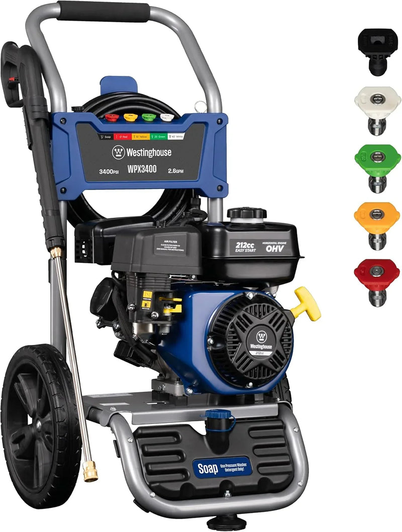 WPX3400 Gas Pressure Washer, 3400 PSI and 2.6 Max GPM, Onboard Soap Tank, Spray Gun and Wand, 5 Nozzle Set, for Cars/Fences/Driveways/Homes/Patios/Furniture J2708