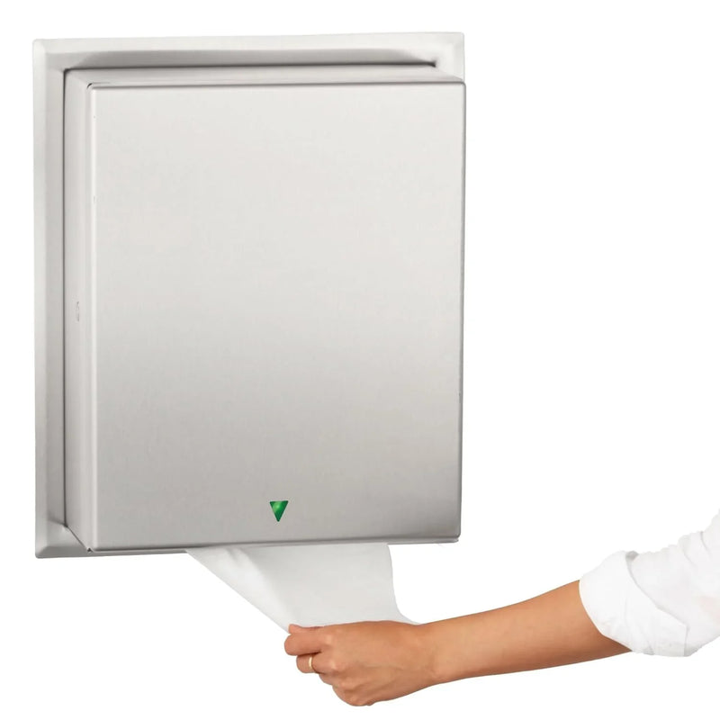 Automatic roll towel dispenser, semi-integrated design, matte stainless steel material, adjustable sensor, LED light guide, no contact operation, AC adapter/battery power supply, universal roll towel compatibility M1933