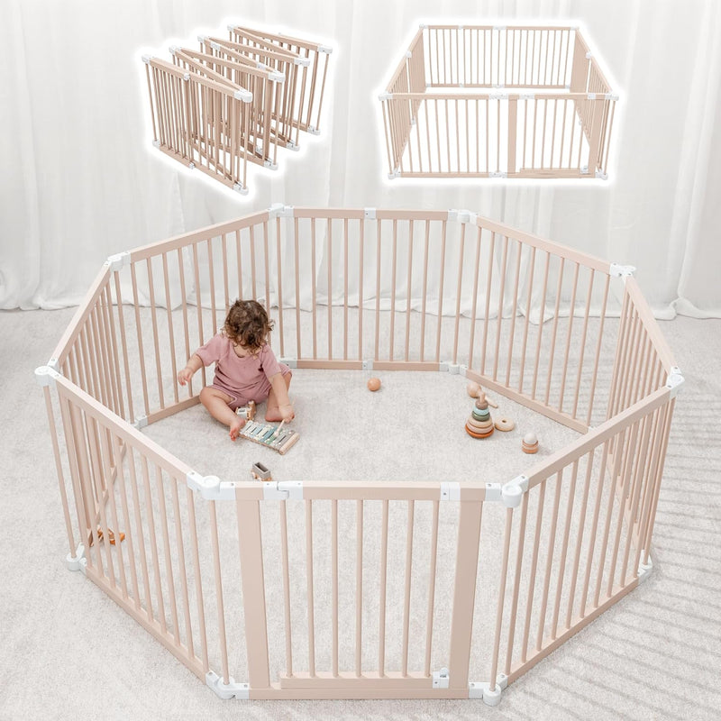 Baby Playpen & Gate - 144 x 144 x 63 cm, Extends Up to 579 cm - Pine Wood Foldable Playpen with Child-Proof Lock - Safe Play Fence Easy Assembly Baby Play Yard - Light Wood White P1836