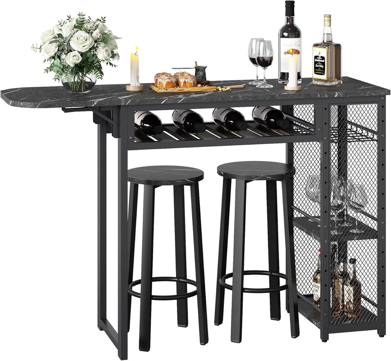 Bar Table and Chair Set, Industrial Expandable Dining Table with 2 Bar Stools, Kitchen Counter with Wine Rack & 3 Tier Adjustable Storage Shelves Rustic Brown U2862