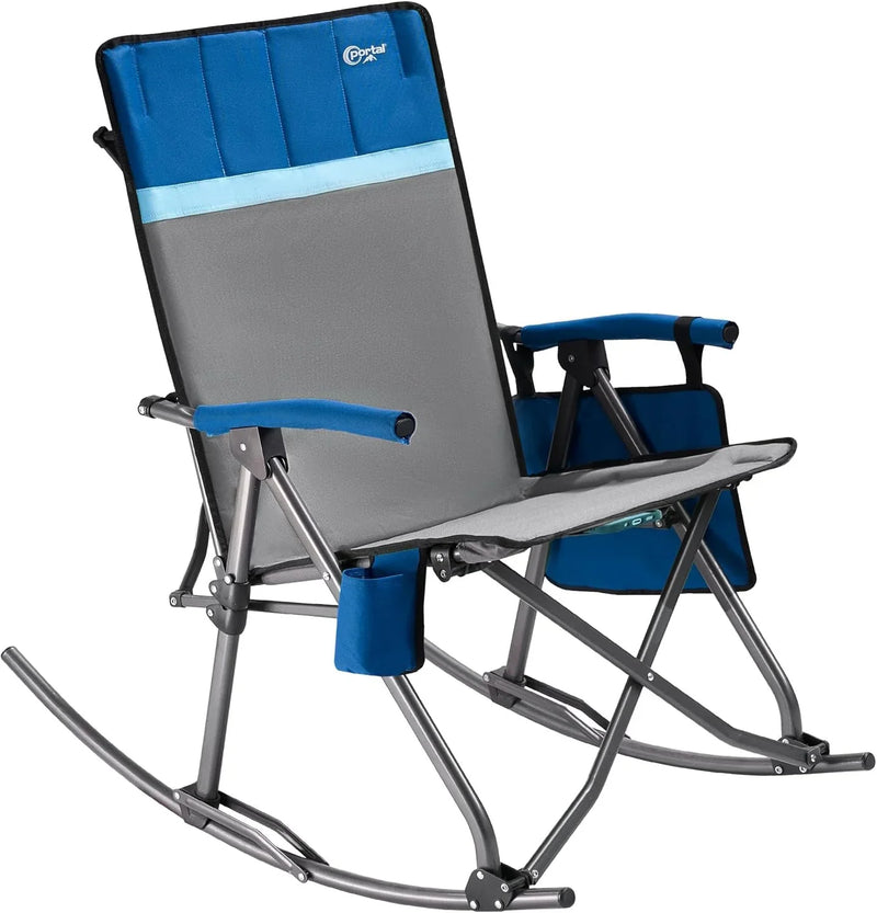 Large-sized foldable rocking chair-style camping chair. Portable outdoor rocking chair, equipped with a high back and sturdy armrests. The carrying bag can bear a weight of 300 pounds. The back of the seat has padding. The color is blue. V1717