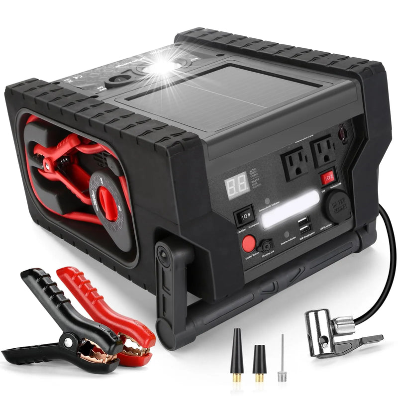 ZD-529 Solar Portable Power Station 2000 Amps Jump Starter, 260 PSI Air Compressor, 12V Car Battery Charger with 400W Inverter Dual AC/DC/USB Output, Emergency Backup Power with Flashlights A9803