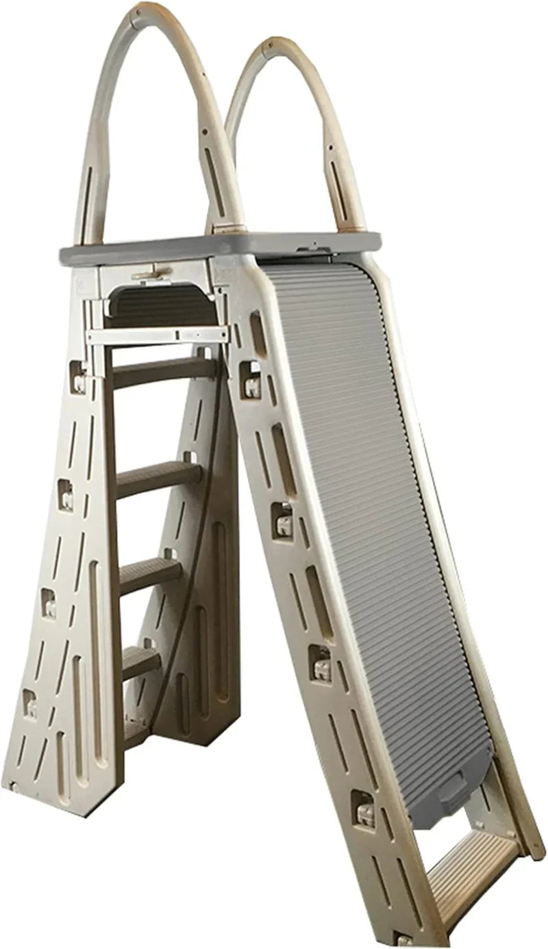 Confer Plastics 7200 Roll Guard 48" to 56" Adjustable A Frame Safety Ladder for Above Ground Outdoor Patio Swimming Pool Platform Ladder with Step Barrier, Warm Grey… X1778
