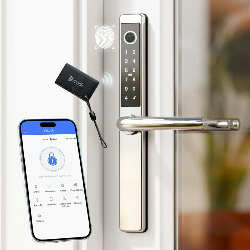 Smart Lock Fingerprint Door Lock with IC Card & App Control, Keyless Entry Smart Door Lock for 40–75mm Doors, Multipoint Locking System Door Lock Apply toWooden/Metal/PVC Door (OS Frosted Silver) H9802