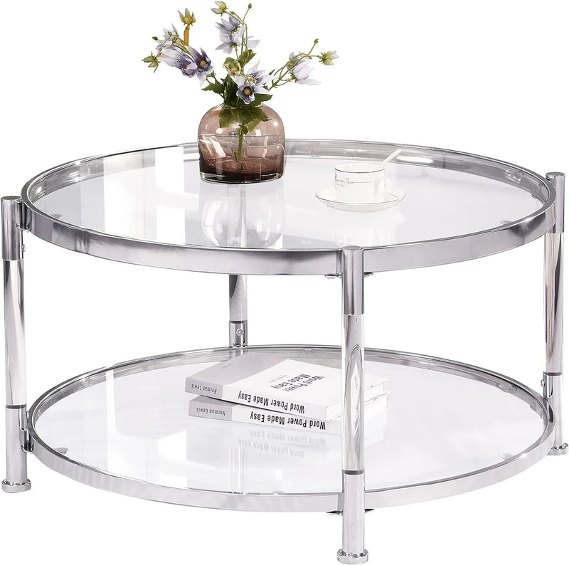 A round coffee table with a metal frame, the surface is made of chrome-plated acrylic glass. Y7429