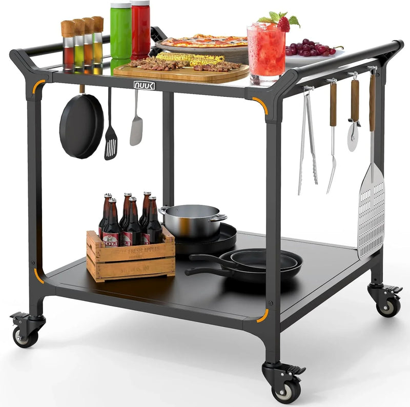 Outdoor barbecue food truck, 32" x 32" stainless steel pizza oven table, mobile barbecue kitchen food preparation cart with double-tiered shelves, suitable for garden patios M6421
