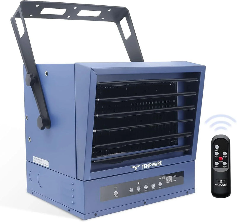 Electric vehicle garage heater, 7500-watt digital display fan-driven ceiling-mounted work area heater, featuring full-function remote control, 240-volt wired installation, with a 12-hour timer, is highly suitable for use in workplaces. T5551
