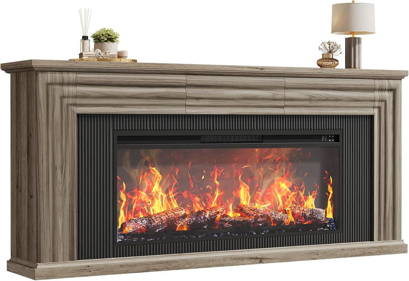75-inch wall-mounted TV cabinet, rustic modern entertainment center with fireplace, 70-inch media cabinet with 3 drawers, featuring a recessed design, suitable for the living room, black version A7451