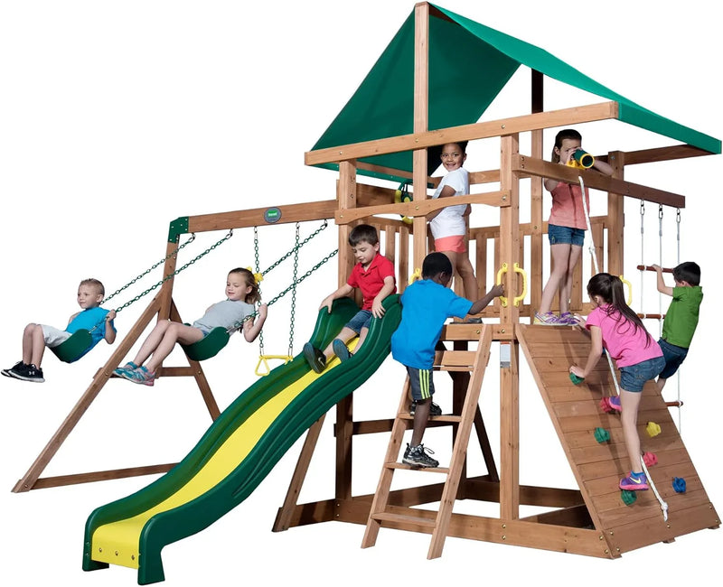 Mount Mckinley Cedar Wood Swing Set with Wave Slide, Play Deck, Double Rock Wall, Rope Ladder, Web Swing, Belt Swings, Toy Telescope, Steering Wheel, Sandbox Area, Outdoor Playset W0438