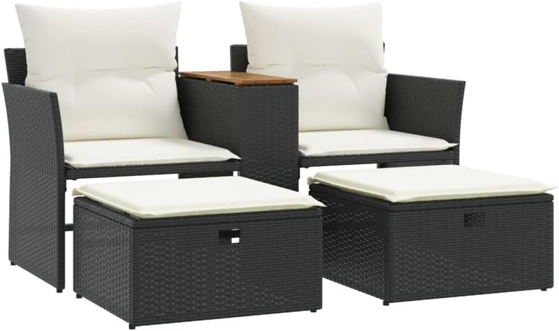 Multi-functional balcony sofa (for two people, with sunshade) - Black polyester wicker double-seat sofa, with built-in table, stool and washable cushion Y9222