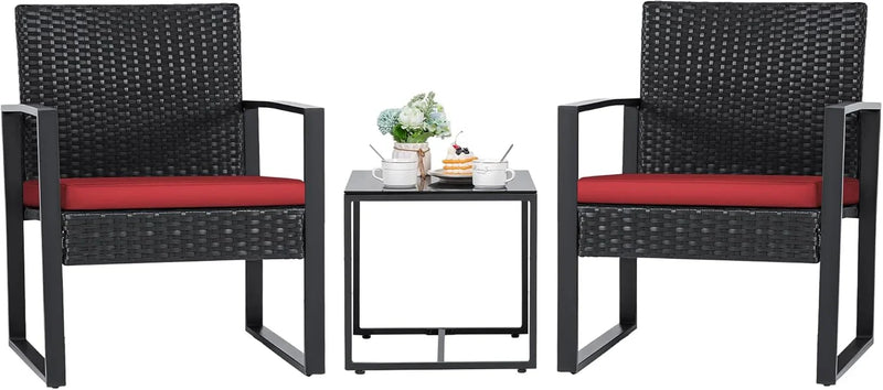 3 Pieces Patio Set Outdoor Wicker Furniture Sets Modern Rattan Chair Conversation Sets with Coffee Table for Yard and Bistro (Black) P8377