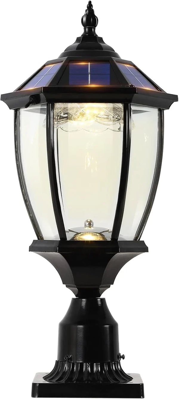 2-Heads Outdoor Solar Lamp Post Lights with Dusk to Dawn Sensor, Classic Exterior Solar Pole Lights with Waterproof, Black Street Lights with Clear Glass for Garden, Patio, Pathway, Driveway R2182