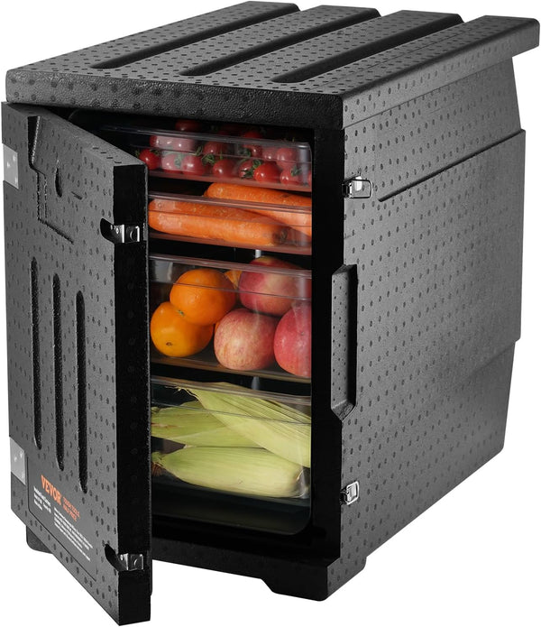 Food tray transportation box, 95-gallon insulated box for the catering industry, LLDPE food tray box with double clasps, front-mounted food heater with handle, suitable for stacking end loaders in restaurants, canteens, etc. black K3148
