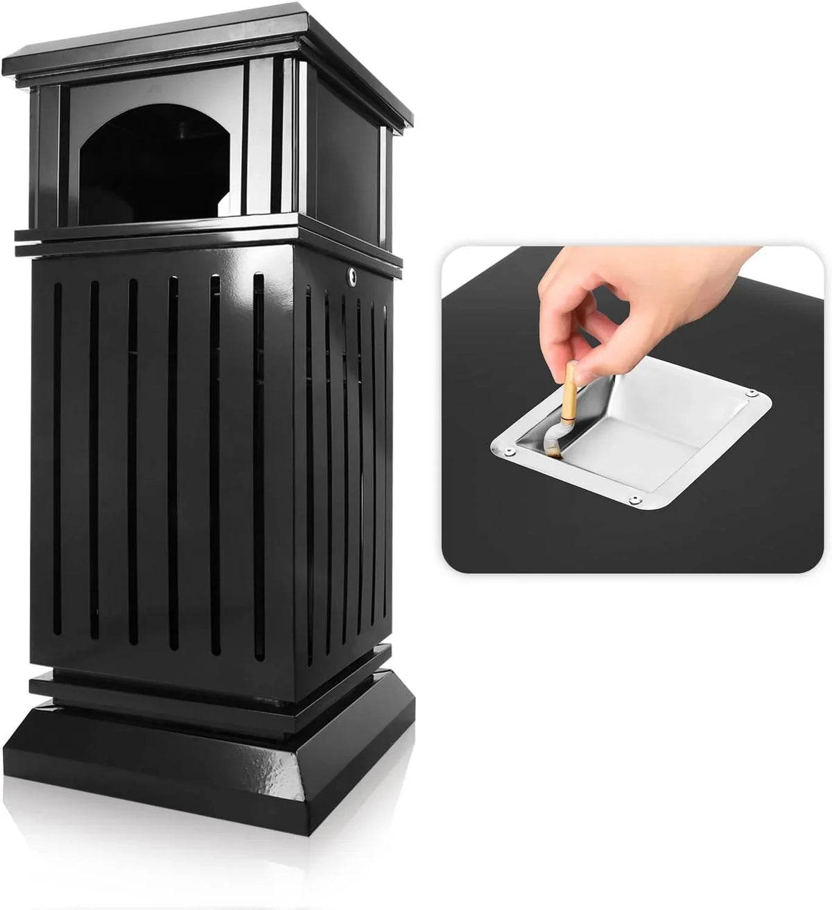 Outdoor trash bin top tray matte black stainless steel commercial waste storage box with lock cover. Heavy-duty industrial garden garage garbage container, dimensions: 35.5 * 15.8 * 15.8 inches.