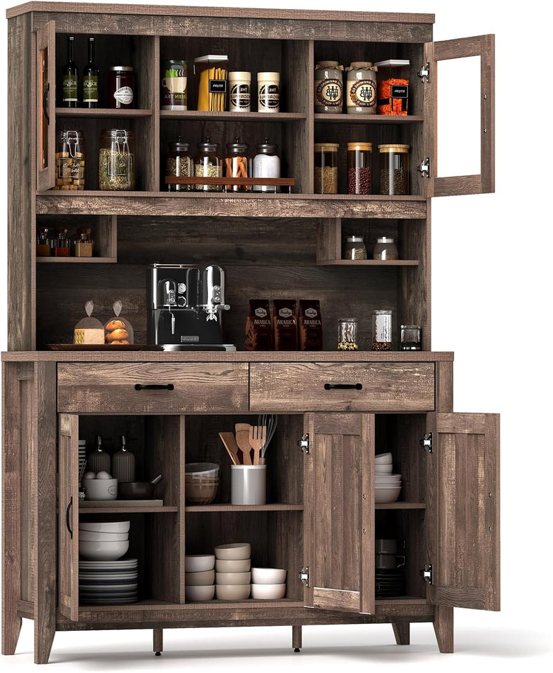 78.5-inch high kitchen cabinet storage unit, large storage cabinet with glass doors, equipped with drawers and adjustable shelves. The wooden kitchen storage unit has a microwave shelf, suitable for a home coffee bar. X1907