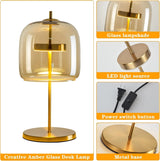 The amber desk lamp, the golden bedside lamp, the round bedside lamp for bedrooms and living rooms with a forged iron base, the glass lampshade and the LED bulb are all fully equipped.