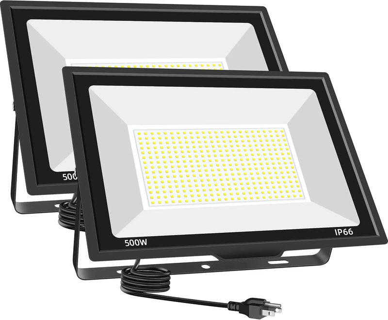 500W LED Flood Light Outdoor 2 Pack, 2000W Equivalent FloodLight with Plug, Super Bright 55000LM 5000K Daylight White IP66 Waterproof Commercial Lighting for Sports Fields,Courts,Arena,Stadium G6131