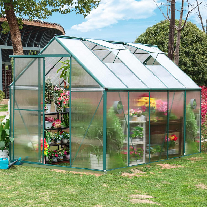 6'x10' Walk-in Greenhouse with 4mm 800G Polycarbonate Panels - Heavy-Duty Aluminum Frame, Wind/Snow Resistant for Gardening, Includes Sliding Door & Ventilation Windows (Green) K6708