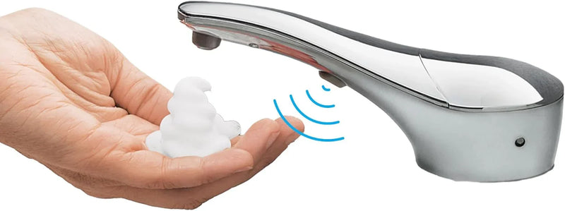 Automatic liquid soap dispenser, with a top-mounted contactless soap nozzle, capacity 34 ounces (1.0 liters), can be placed on the countertop of a public restroom, installation diameter 1-3/8 inches, chrome surface treatment. V7118