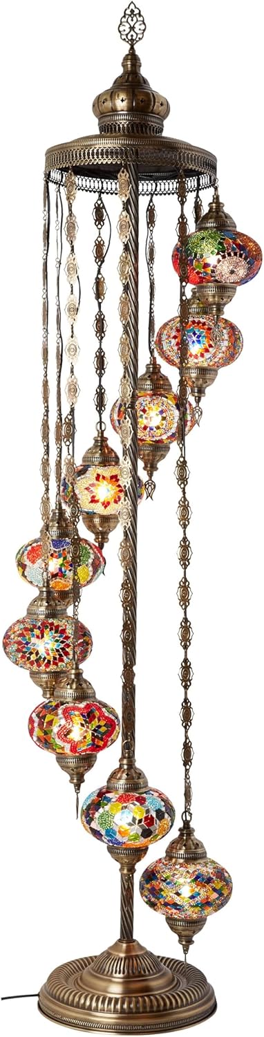 Turkish Moroccan mosaic floor lamp, with 9 lampshades and 6 feet in height - a Tafini-style standing decorative Bohemian-style lamp, equipped with colored lampshades, suitable for bedrooms, living rooms, and entrances - handmade in Turkey, available S4963
