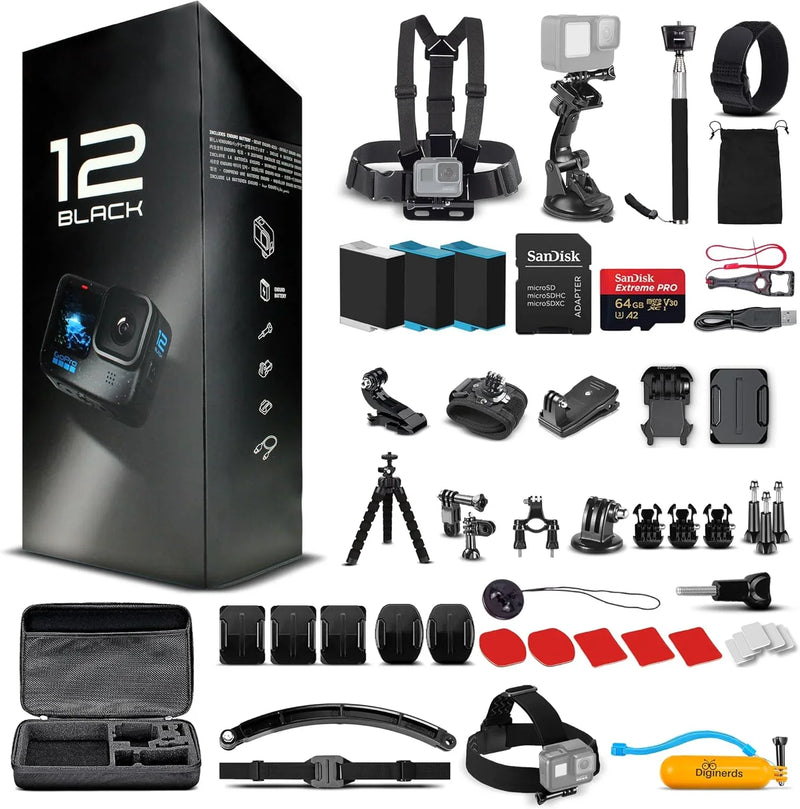 Equipped with a 50-piece accessory kit, 2 spare batteries and a 64GB memory card - a waterproof action camera - 5.3K HDR, 27 million pixels of photos, 1/1.9-inch sensor, live streaming function, webcam, and shake-proof function D7535
