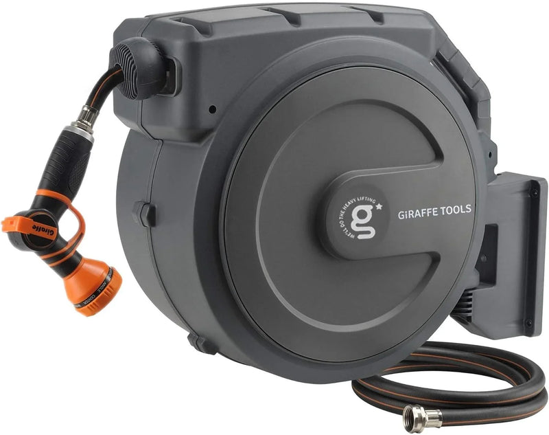 Tool-extendable garden hose reel, inner diameter 1/2 inch, length 155 inches, equipped with 5-foot extension hose, sturdy and durable, lockable at any length, slow retraction system, wall-mounted design, 180-degree rotating bracket H8471