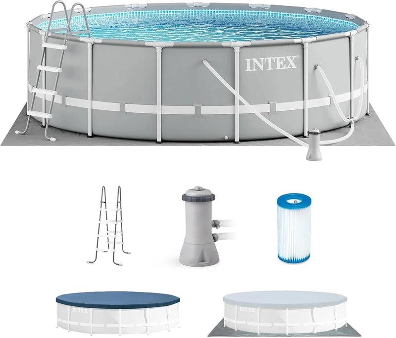 Above Ground Swimming Pool w/ Pump, Cover, & Ladder, 18' x 48", Prism Frame, Gray - Outdoor Round Family Pool w/ Filter, 42-Inch Deep Water U4278