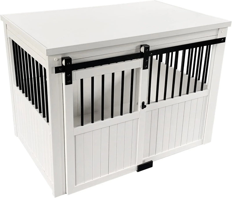 Farm sliding cowshed door furniture-style dog cage - antique white, large size. Unique style, durable and sturdy. Removable seat cushion. Easy to assemble. B4261